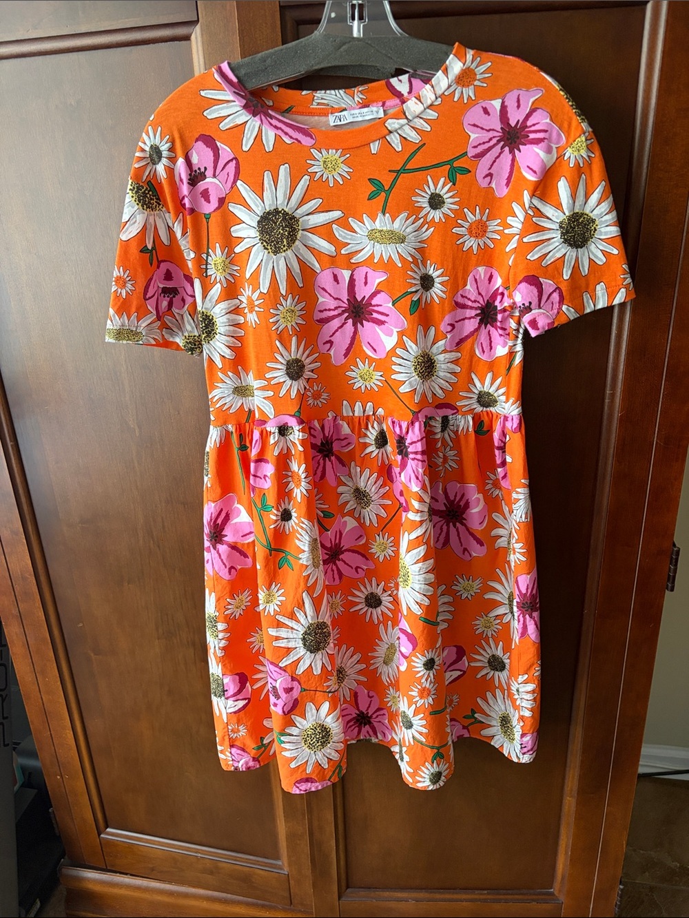 Zara Bright Orange Floral Short Sleeve Dress with Pink & White Blooms